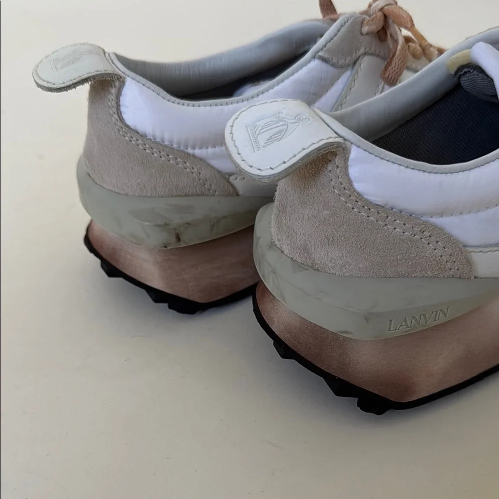 LANVIN Men’s Bumper Optic White Nylon / Nappa Leather and Suede Running Sneakers - Picture 6 of 7